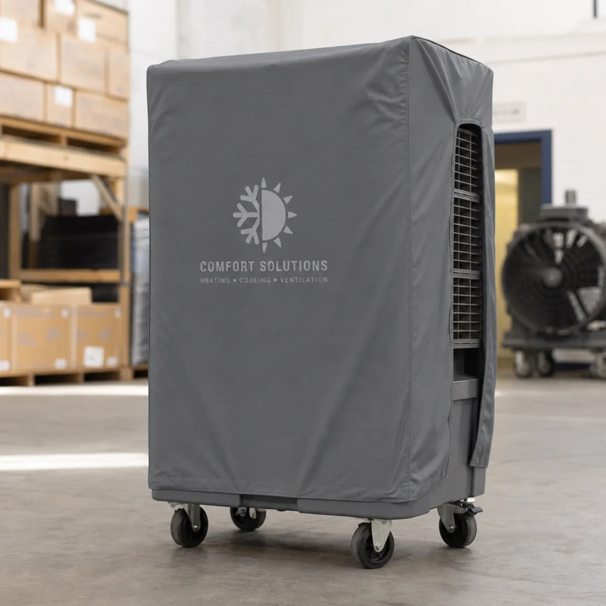 Branded cover on a portable wheeled evaporative air cooler