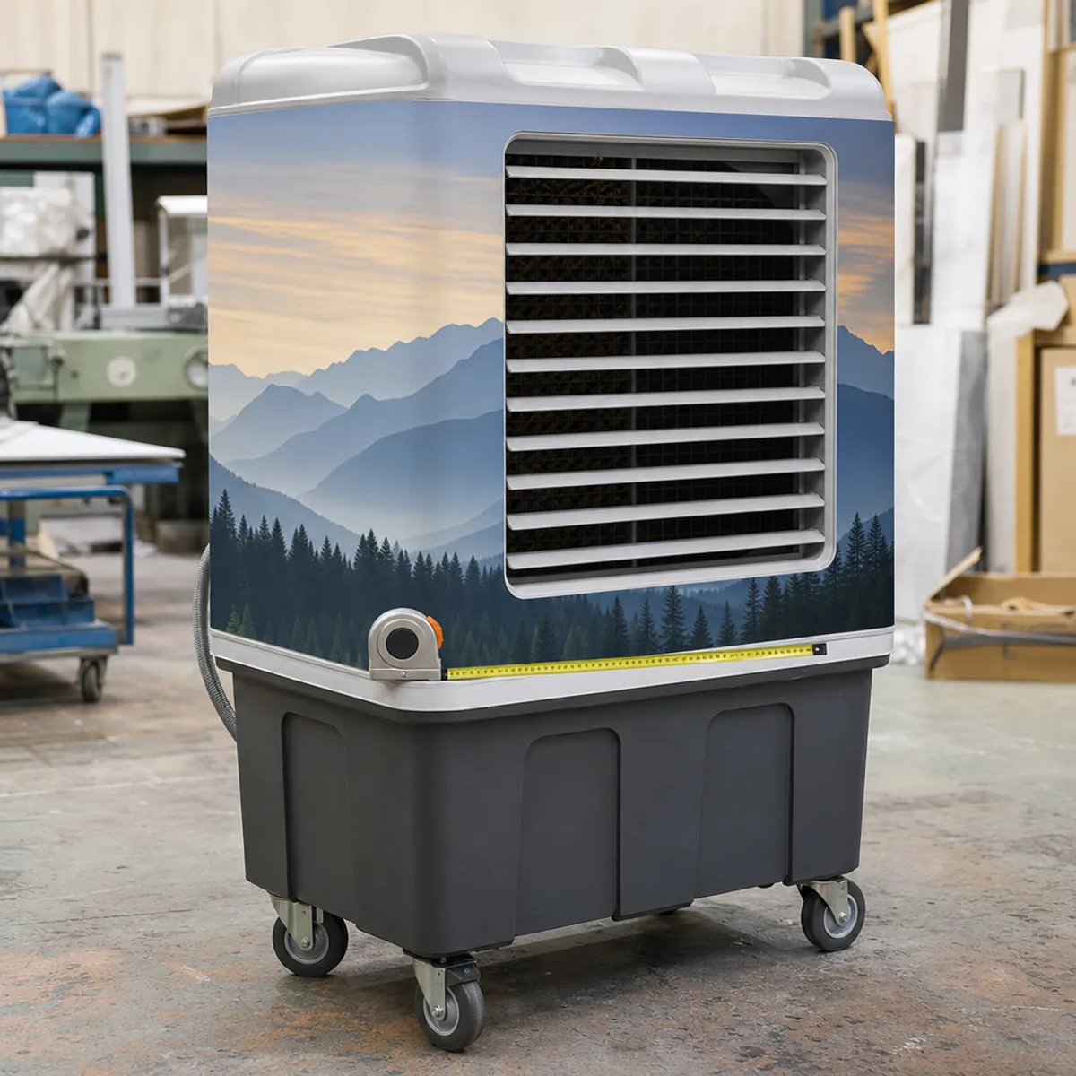Prototype cover being fitted on a portable wheeled air cooler