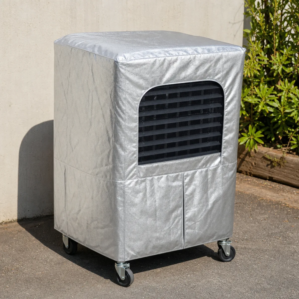 UV shield cover on a portable wheeled air cooler in direct sunlight